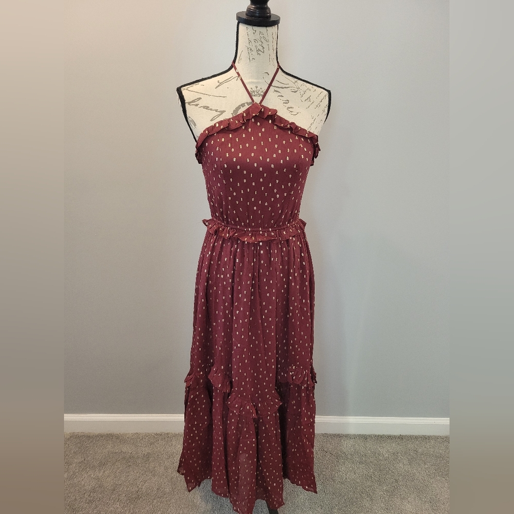 Metallic Detailed Wine Halter Dress NWT